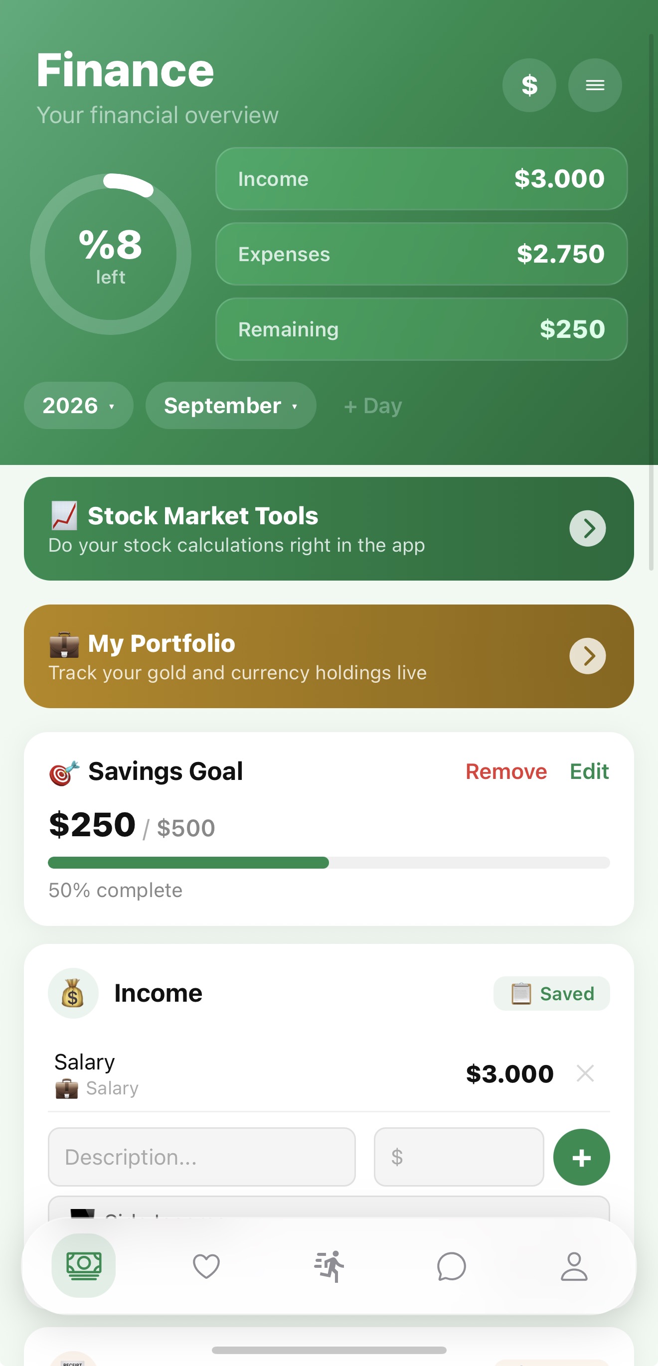 Heltrum Finance screen — income, spending and savings tracking
